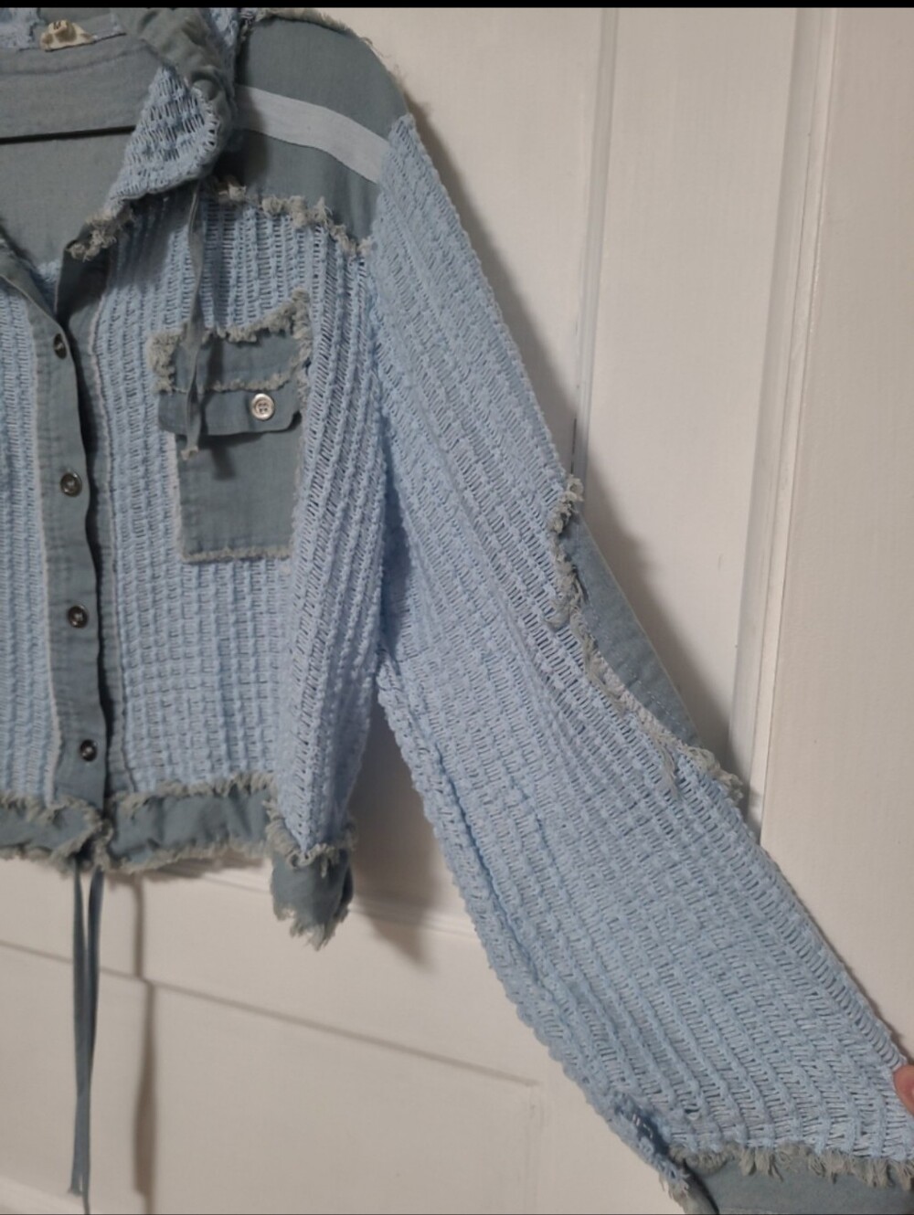 POL Blue Open Knit Distressed Hooded Jacket Top Medium - Picture 4 of 6